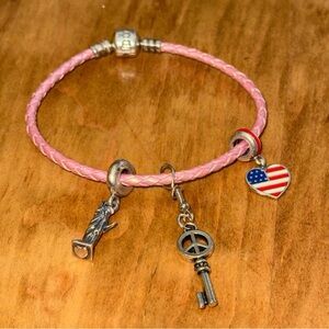 Statue of Liberty Charm + USA Charm + Pink Braided Leather Bracelet,Pandora S925